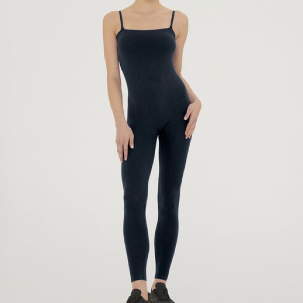 Wolford Black Pewter Gold Shimmer Knit Square Neckline Fitted Shiny Jumpsuit